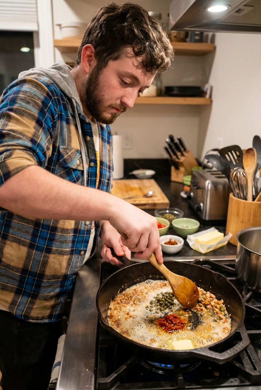 Butter browning in a skillet as capers and chili paste are stirred in with a wooden spoon
