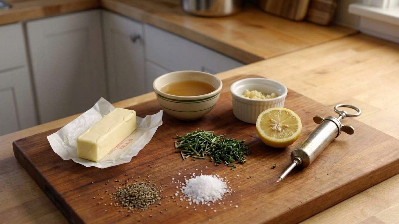 Butter, chicken broth, minced garlic, chopped herbs, lemon, salt, and pepper measured out on a kitchen counter next to a metal injector