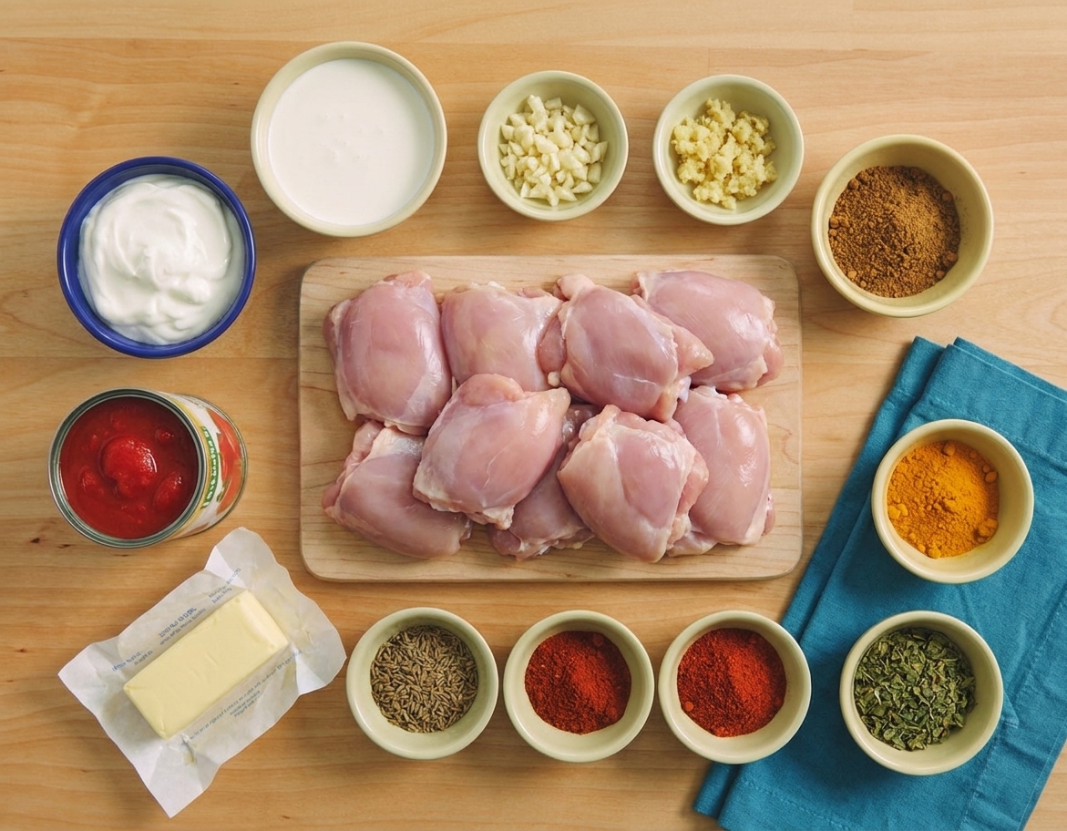 Butter chicken ingredients arranged on a clean kitchen counter, including chicken thighs, yogurt, canned tomatoes, cream, butter, garlic, ginger, and small bowls of spices