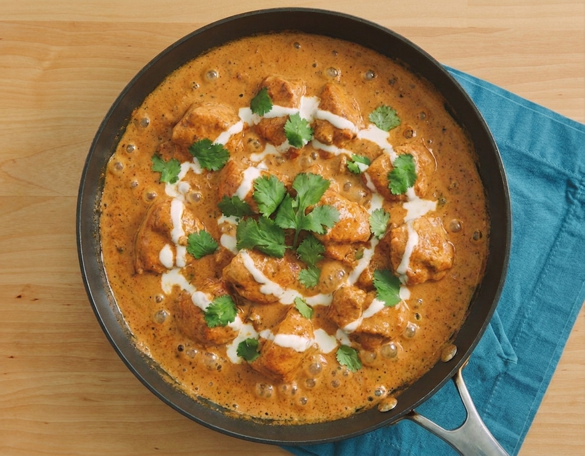Butter chicken sauce bubbling gently in a wide skillet with browned chicken pieces nestled in the creamy orange sauce