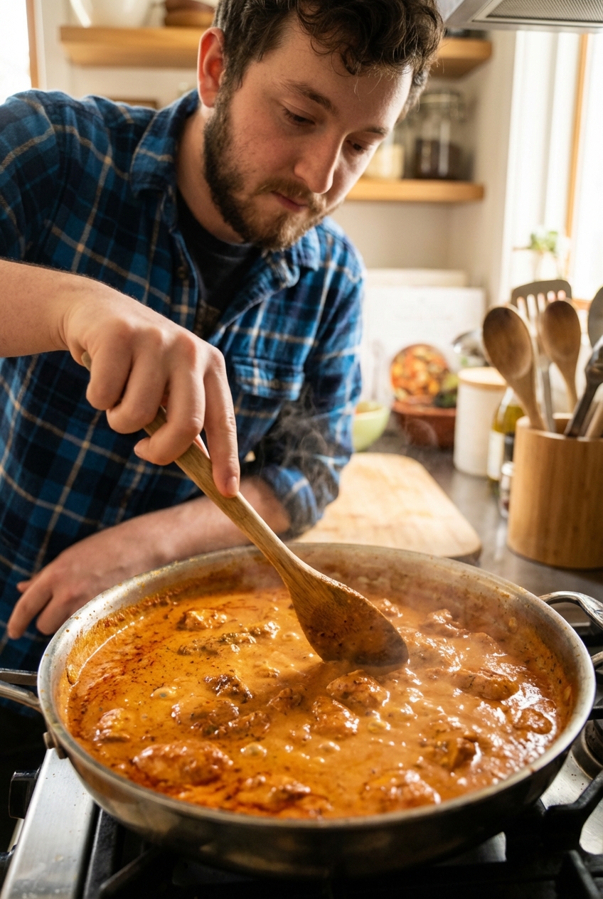 Butter chicken sauce simmering in a skillet with a spoon stirring, showing a creamy orange-red color