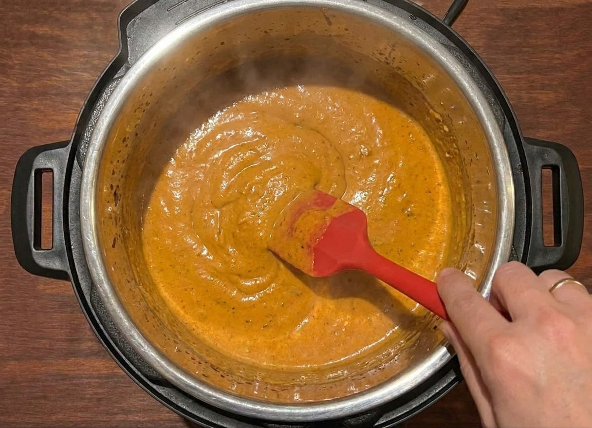 Butter chicken sauce simmering in an Instant Pot inner pot after pressure cooking, creamy orange sauce being stirred with a silicone spatula