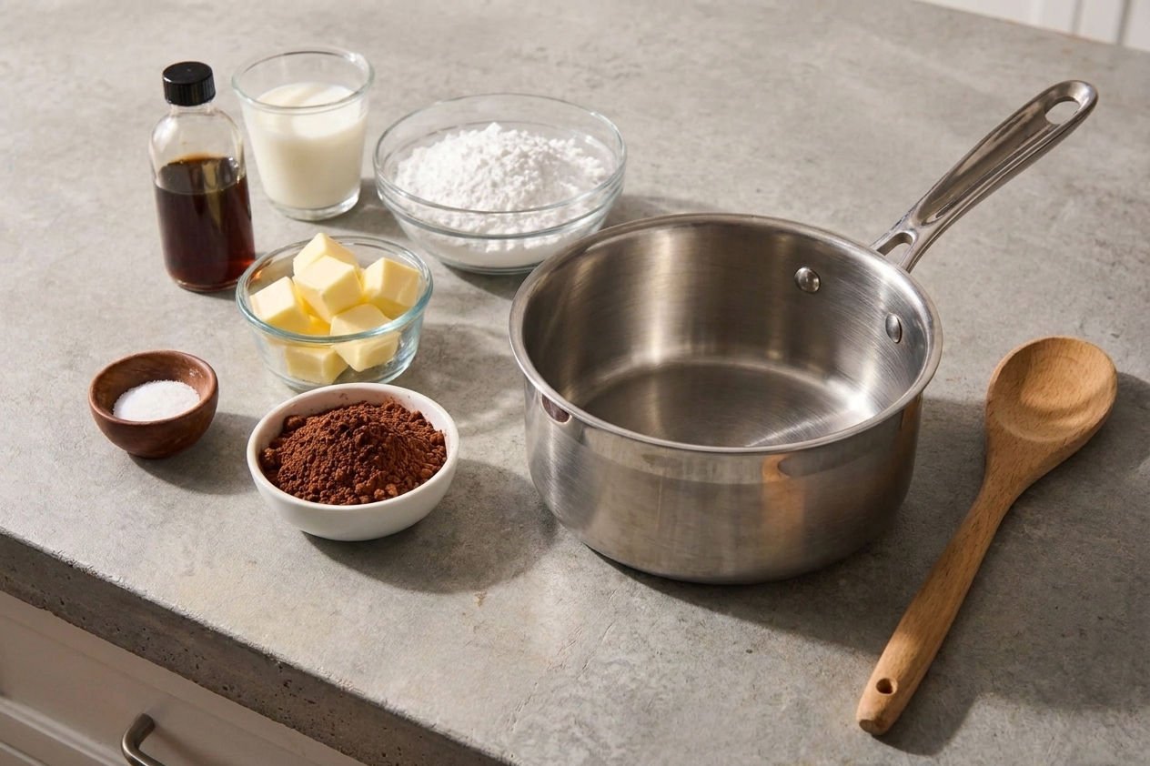 Butter, cocoa powder, powdered sugar, milk, vanilla, and salt arranged next to a small saucepan on a kitchen counter, ready to make warm fudge frosting