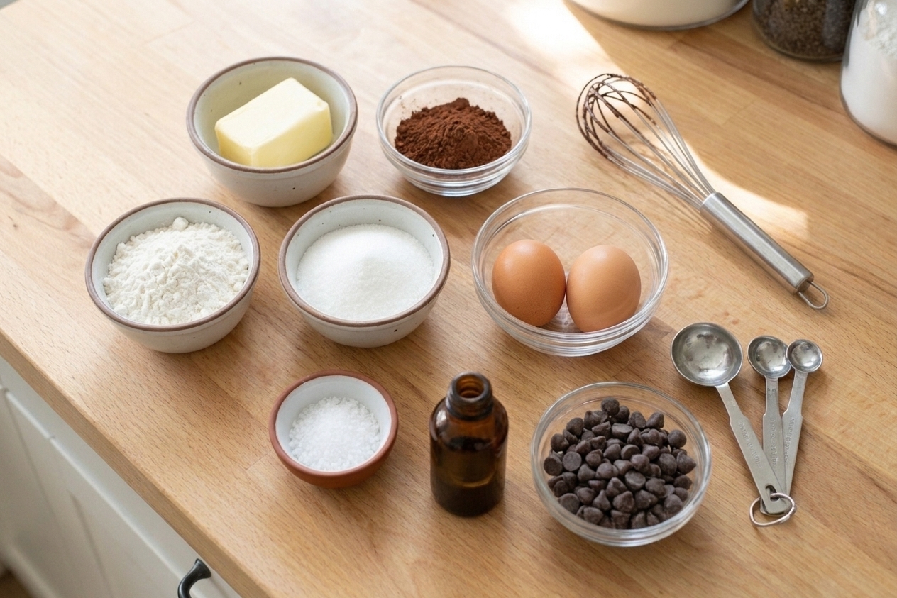 Butter, cocoa powder, sugar, eggs, flour, salt, vanilla, and chocolate chips arranged on a light kitchen counter in small bowls