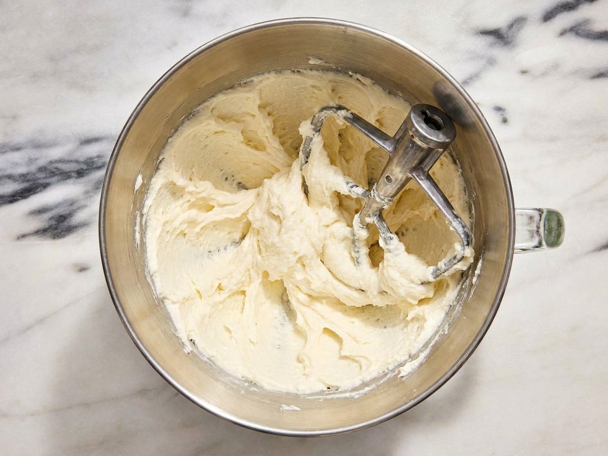 Butter, cream cheese, and sugar creamed in a stand mixer until pale and fluffy