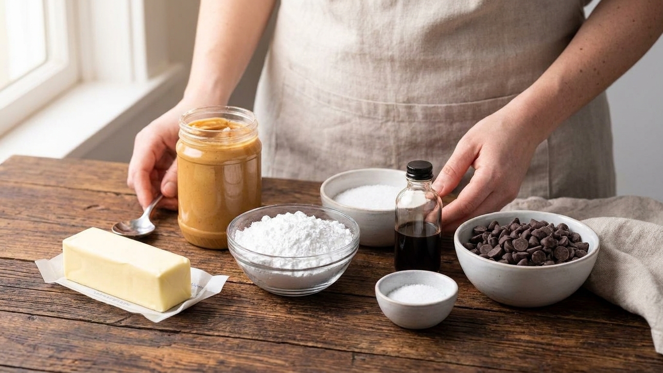 Butter, creamy peanut butter, powdered sugar, vanilla, salt, and chocolate chips arranged on a clean kitchen counter in bright natural light