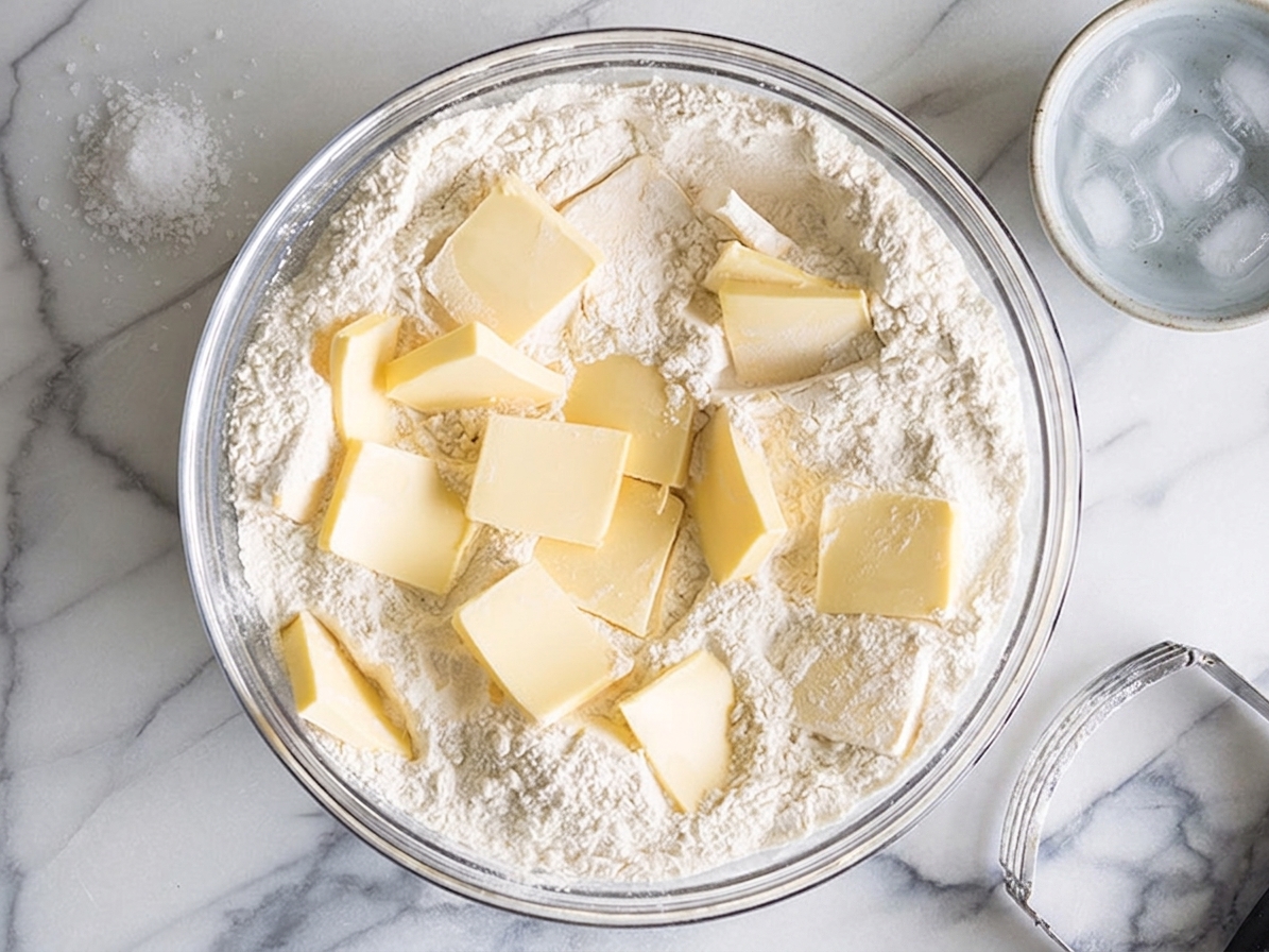 Butter cubes, flour, salt, and a small bowl of ice water arranged on a kitchen counter, ready for making quiche crust