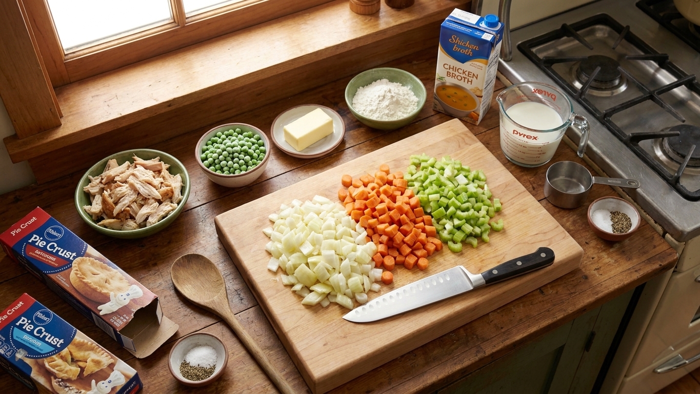Butter, diced onion, carrots, celery, shredded rotisserie chicken, frozen peas, chicken broth, milk, flour, and Pillsbury pie crusts arranged on a kitchen counter