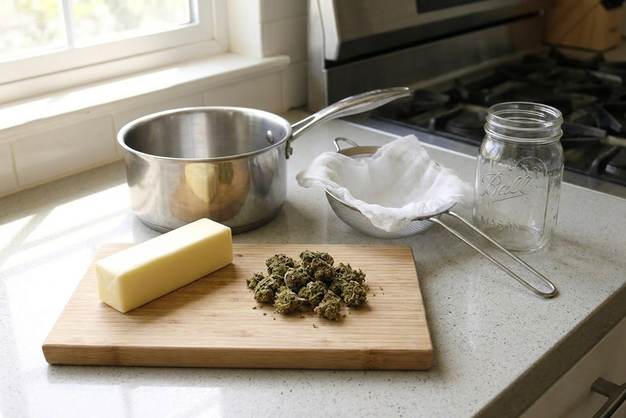 Butter, dried cannabis, a saucepan, a fine mesh strainer, cheesecloth, and a glass jar arranged on a clean kitchen counter