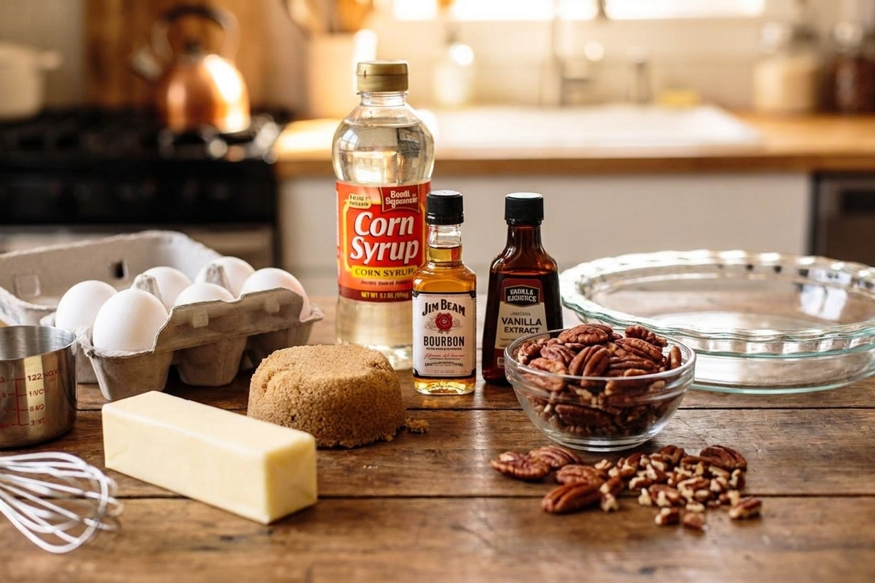 Butter, eggs, brown sugar, corn syrup, bourbon, vanilla, and pecans arranged on a light kitchen counter with a pie dish nearby