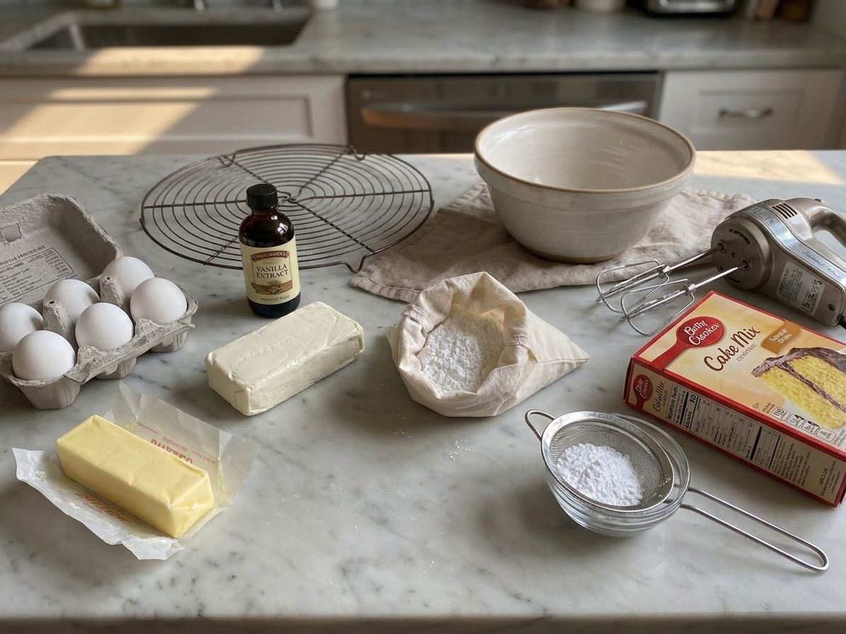 Butter, eggs, cream cheese, vanilla, powdered sugar, and a box of yellow cake mix arranged on a tidy kitchen counter with warm natural light