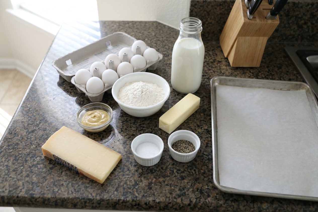 Butter, eggs, flour, milk, Gruyère cheese, Dijon mustard, salt, pepper, and a sheet pan arranged on a clean kitchen counter with soft natural light