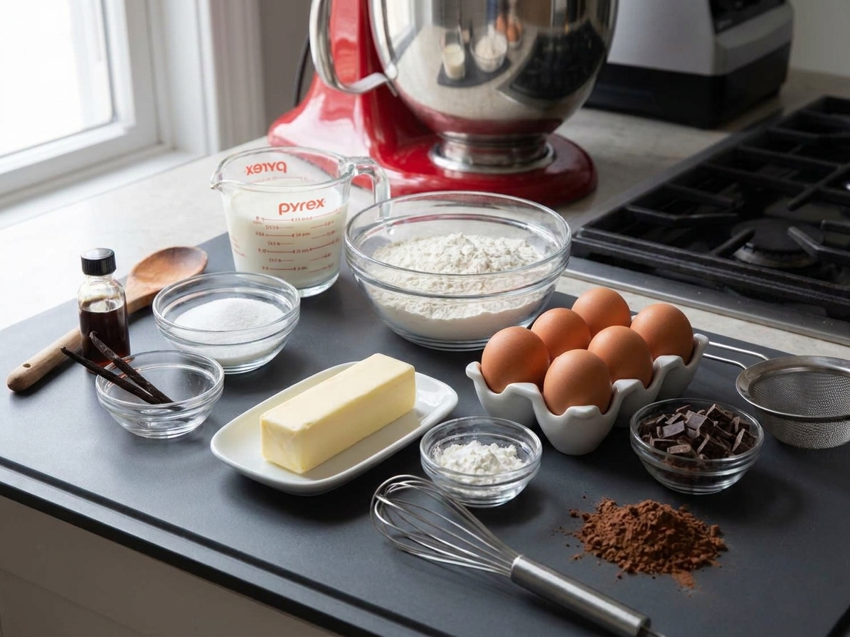 Butter, eggs, flour, milk, sugar, vanilla, cornstarch, and chocolate arranged on a bright kitchen counter ready for making éclairs