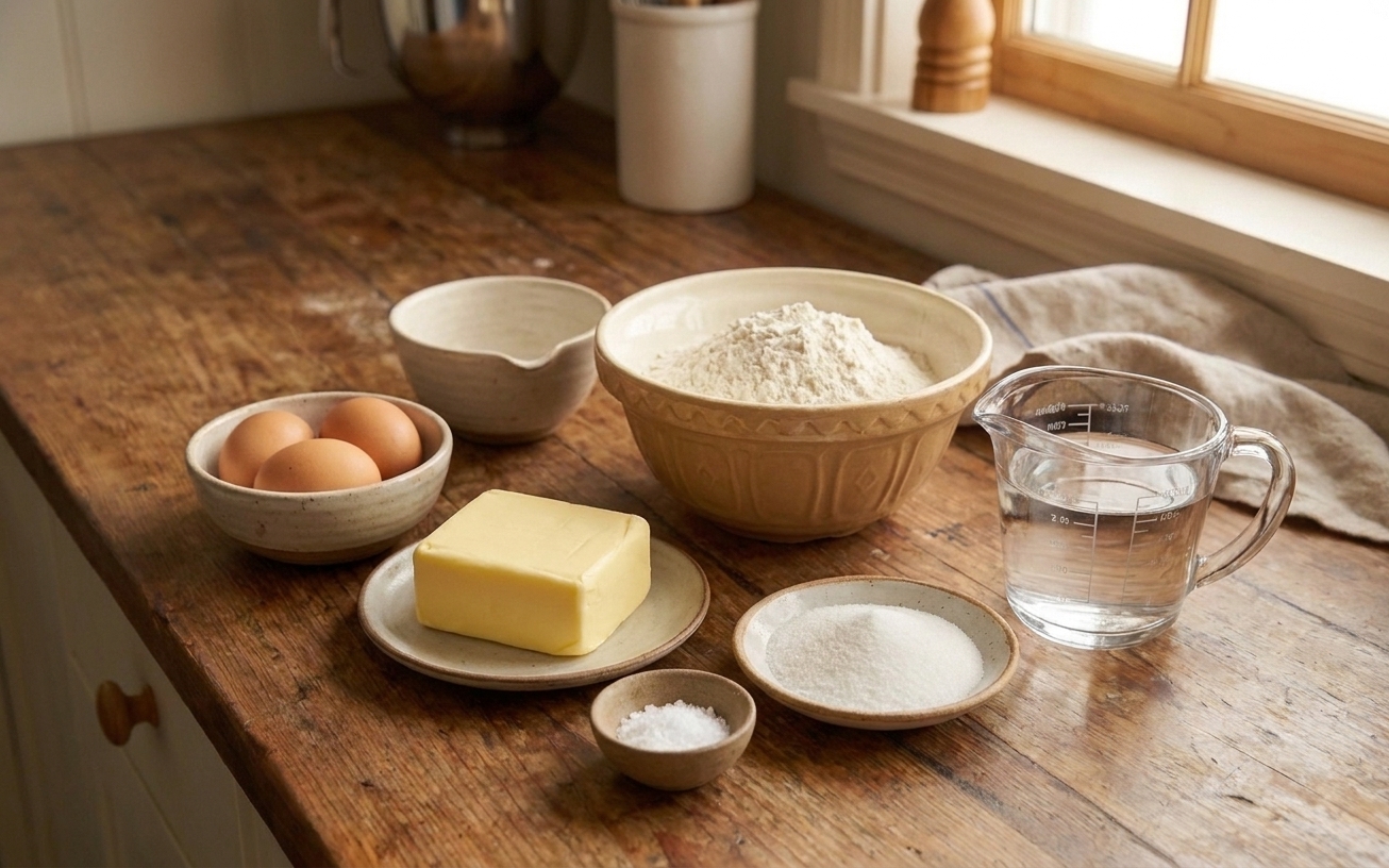 Butter, eggs, flour, sugar, salt, and a measuring cup of water arranged on a clean kitchen counter in natural light