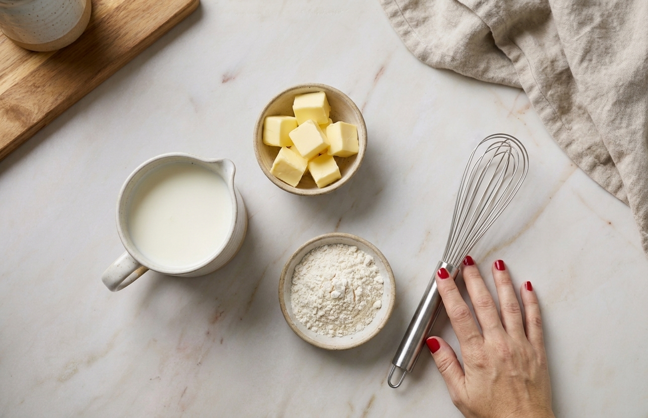 Butter, flour, a measuring cup of milk, and a whisk arranged on a kitchen counter ready to make cheese sauce