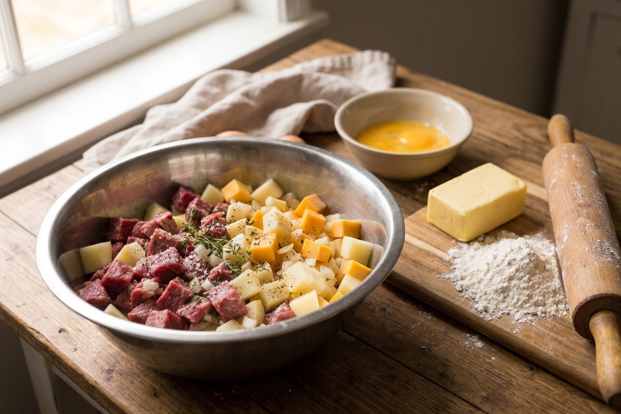 Butter, flour, beef cubes, potatoes, rutabaga, onion, salt, pepper, and a beaten egg arranged on a clean kitchen counter in bright natural light