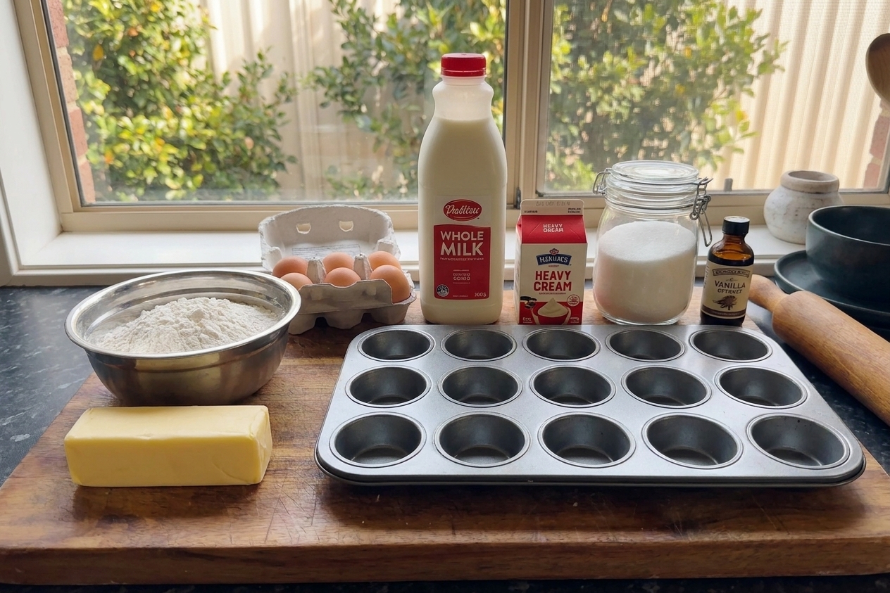 Butter, flour, eggs, milk, cream, sugar, vanilla, and a muffin tin arranged on a clean kitchen counter