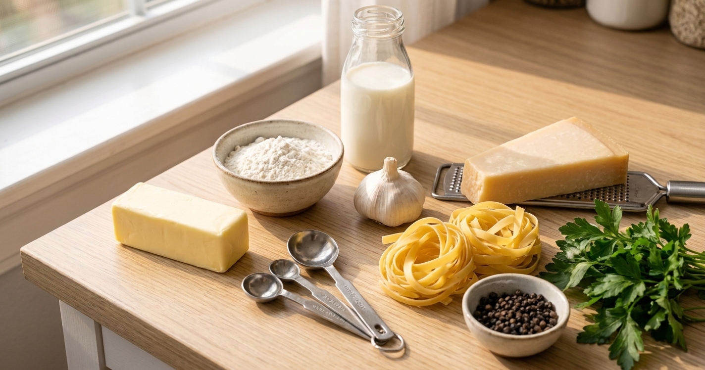 Butter, flour, milk, garlic, Parmesan, dried pasta, black pepper, and parsley arranged on a clean kitchen counter with measuring spoons