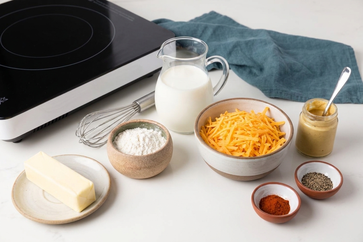 Butter, flour, milk, shredded cheddar, Dijon mustard, and spices arranged on a clean kitchen counter with a whisk and small bowls