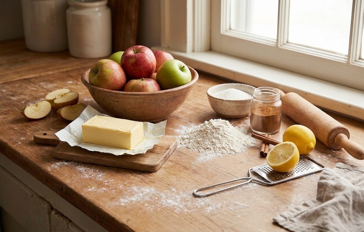 Butter, flour, sugar, apples, cinnamon, lemon, and a rolling pin arranged on a bright kitchen counter for apple pie prep