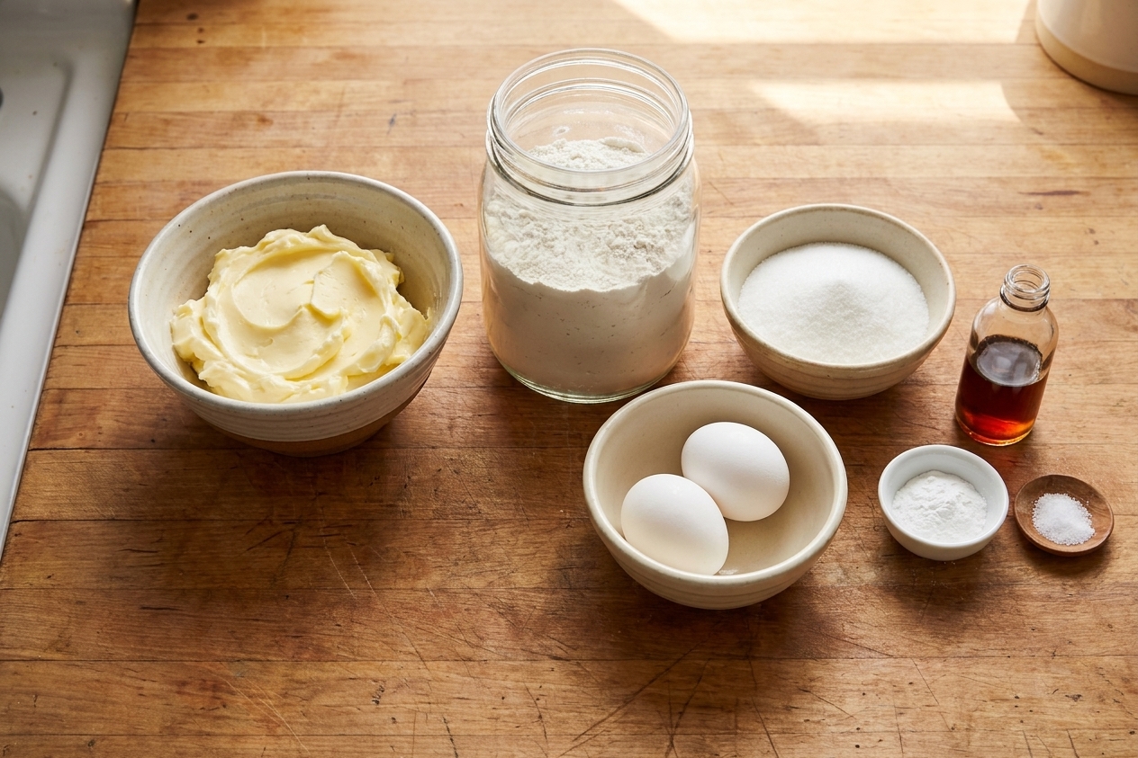 Butter, flour, sugar, eggs, vanilla, baking powder, and salt arranged on a wooden kitchen counter in natural light