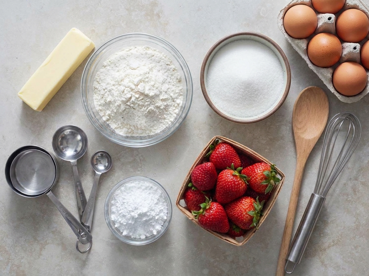 Butter, flour, sugar, strawberries, powdered sugar, and eggs arranged on a clean kitchen counter with measuring tools