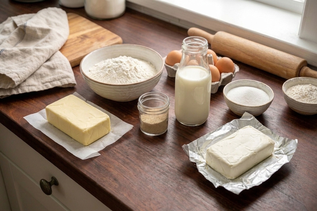 Butter, flour, yeast, milk, eggs, sugar, and cream cheese arranged on a clean kitchen counter ready for Danish pastry baking