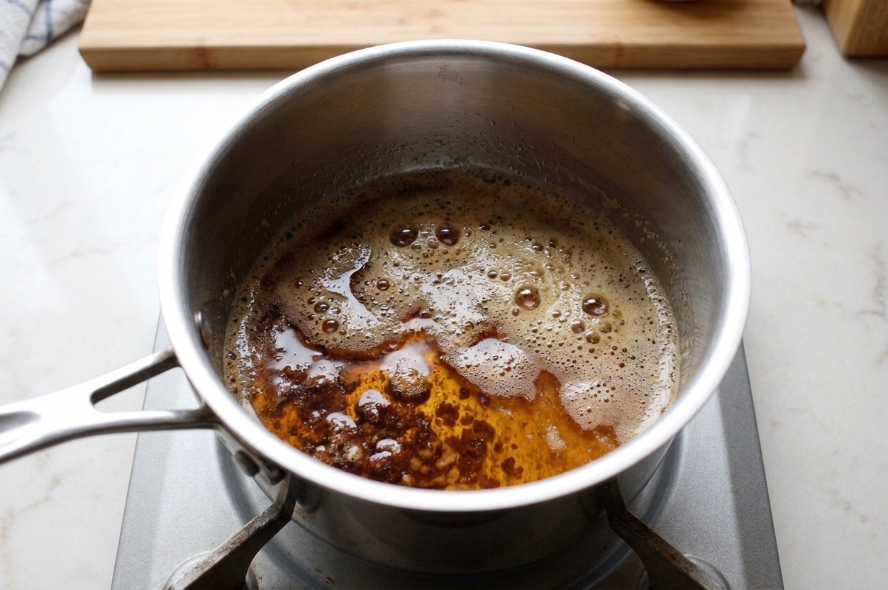 Butter foaming and turning amber in a small stainless steel saucepan on a stovetop, with browned milk solids visible at the bottom
