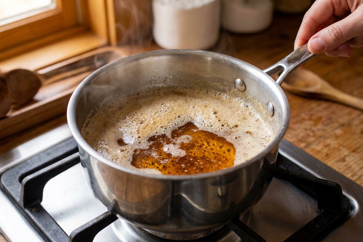 Butter foaming and turning amber with browned bits in a small stainless steel saucepan on a stovetop
