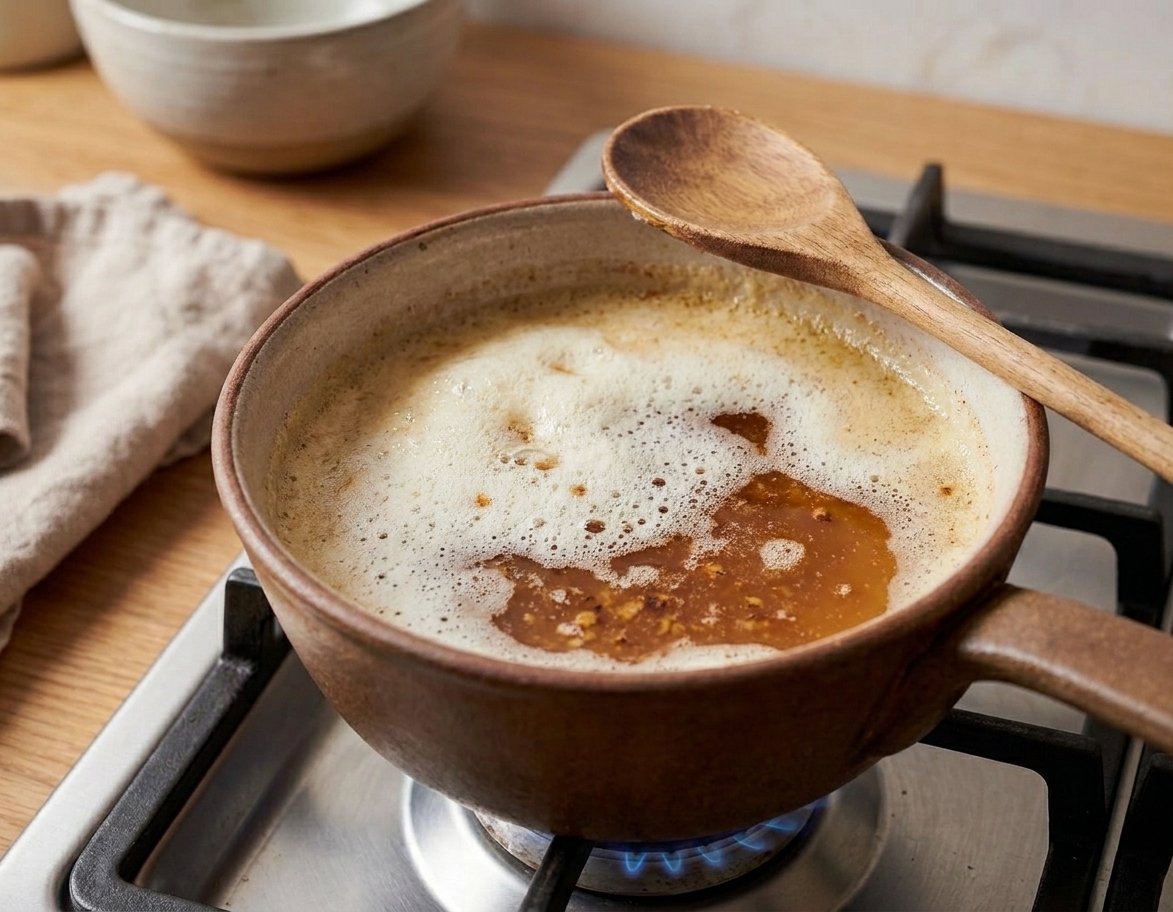 Butter foaming and turning golden brown in a saucepan on a stovetop, with browned bits forming at the bottom
