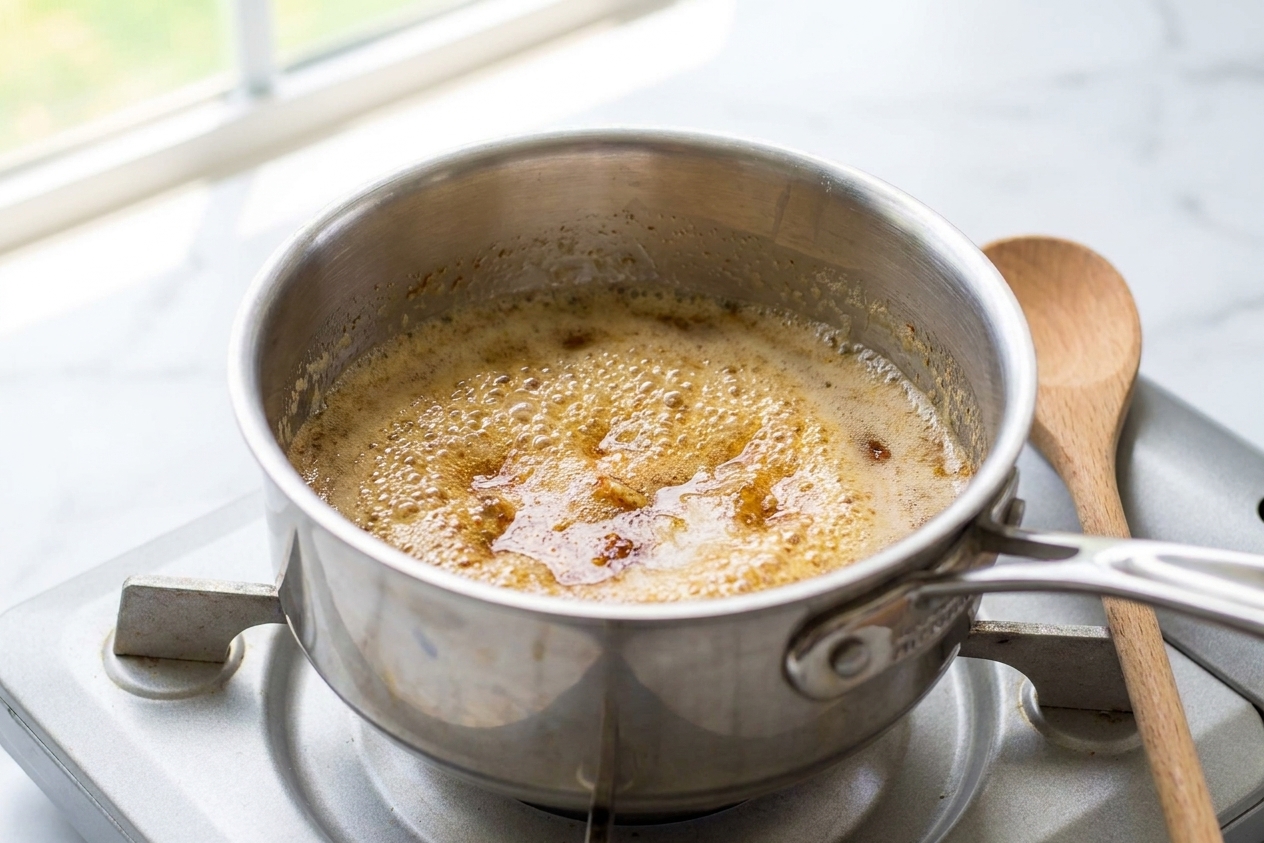 Butter foaming and turning golden brown in a small stainless steel saucepan on a stovetop