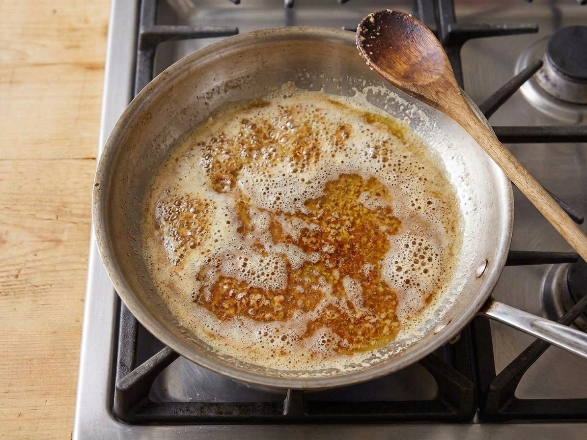 Butter foaming and turning golden brown in a stainless steel skillet on a stovetop, with browned milk solids visible