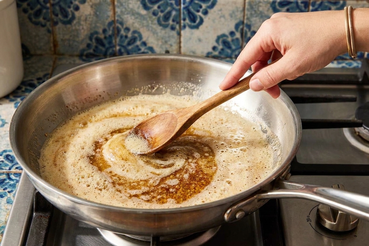 Butter foaming and turning golden in a stainless steel skillet on a stovetop