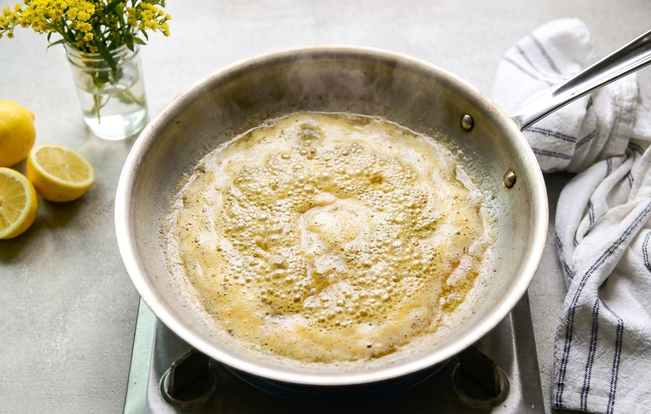 Butter foaming in a hot stainless steel skillet on a home stove, ready for searing fish