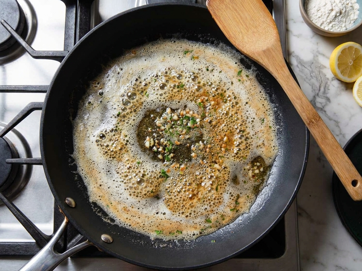 Butter foaming in a nonstick skillet on a stovetop, ready for pan frying fish