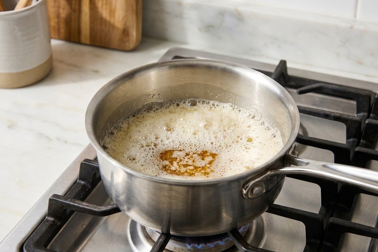 Butter foaming in a small saucepan with golden brown specks forming at the bottom on a stovetop