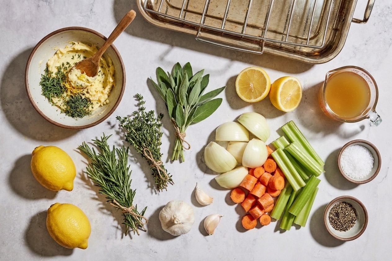 Butter, fresh rosemary, thyme, sage, lemon, garlic, onion, carrots, celery, broth, salt, and pepper arranged on a kitchen counter ready for roasting