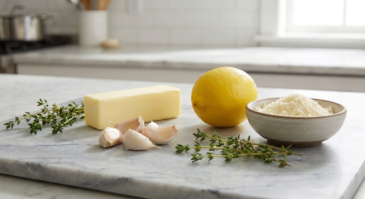 Butter, garlic cloves, a whole lemon, grated Parmesan, and fresh thyme sprigs arranged on a light stone countertop in a bright home kitchen