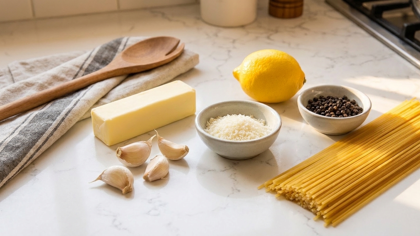 Butter, garlic cloves, grated Parmesan, a lemon, black pepper, and dry pasta arranged on a kitchen counter with warm natural light
