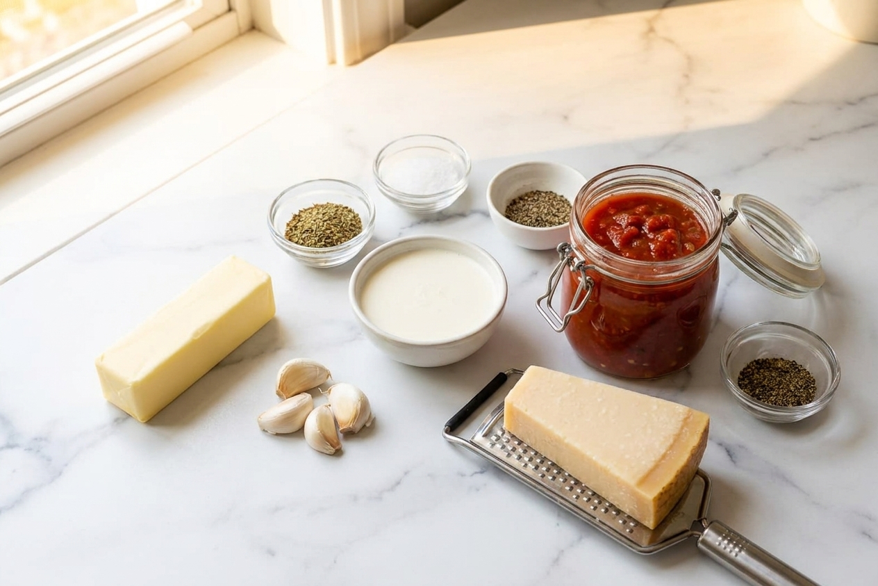 Butter, garlic, cream, Parmesan, a jar of salsa, and seasonings arranged on a clean kitchen counter with warm natural light