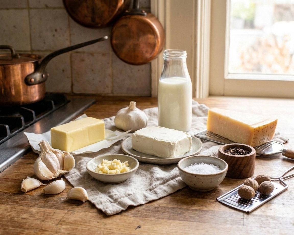 Butter, garlic, cream cheese, milk, Parmesan, salt, pepper, and nutmeg measured on a bright kitchen counter