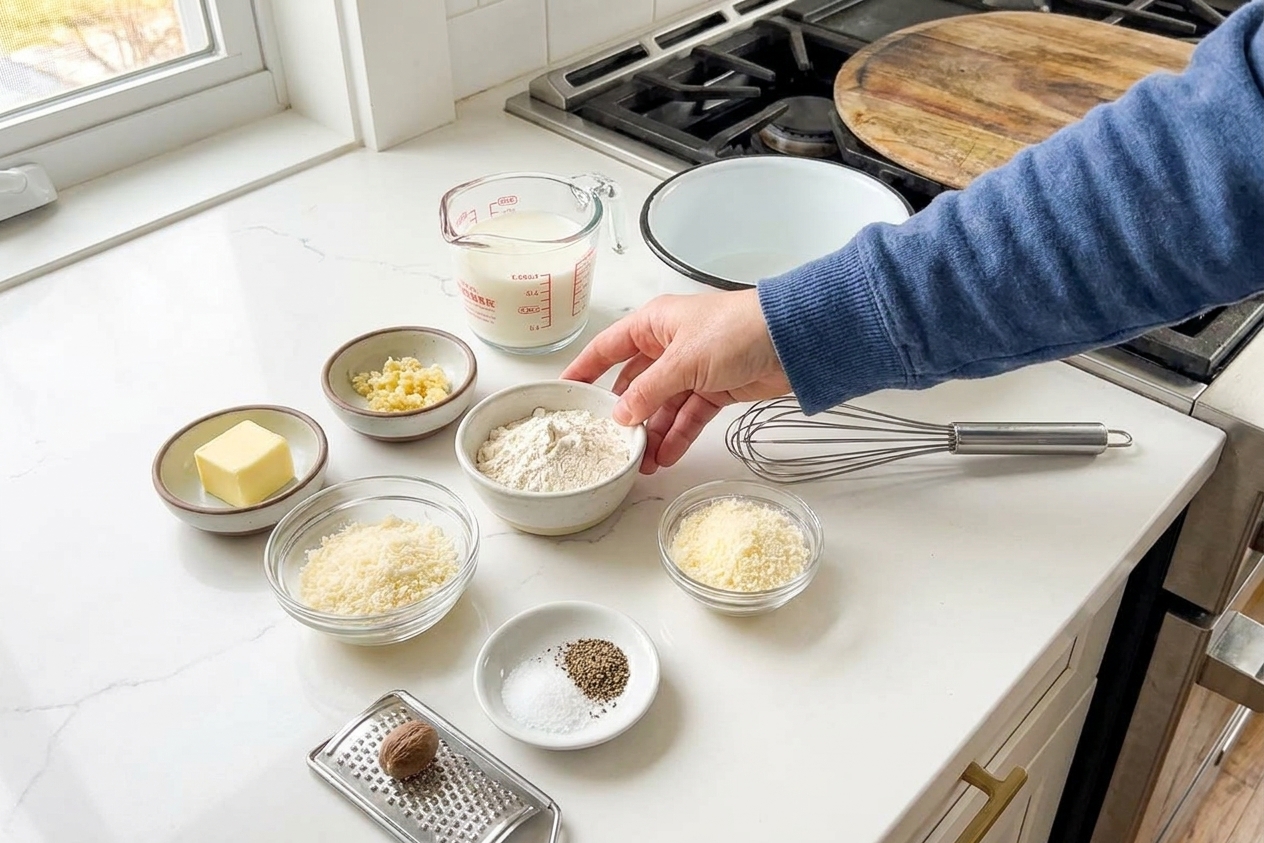 Butter, garlic, flour, milk, Parmesan, salt, pepper, and nutmeg measured on a clean kitchen counter ready for cooking