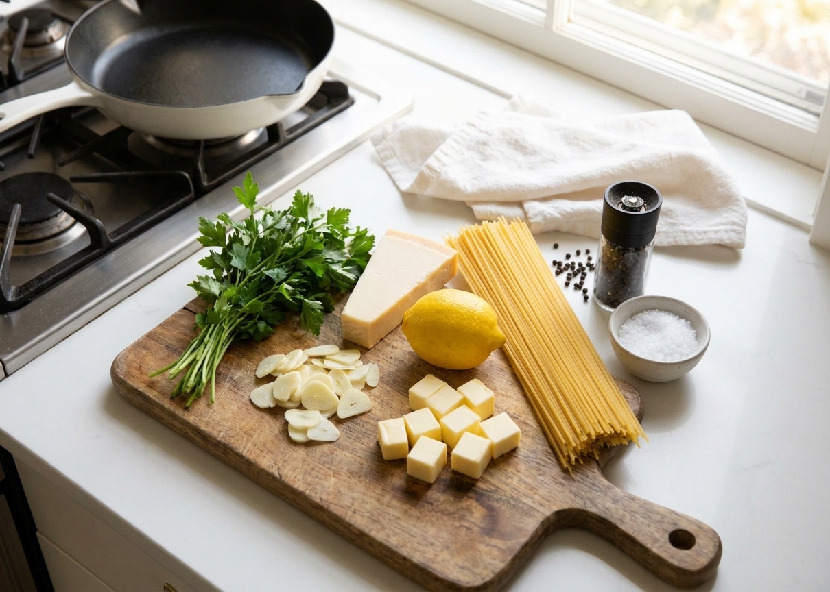 Butter, garlic, lemon, Parmesan, parsley, dry spaghetti, salt, and black pepper arranged on a clean kitchen counter in bright natural light