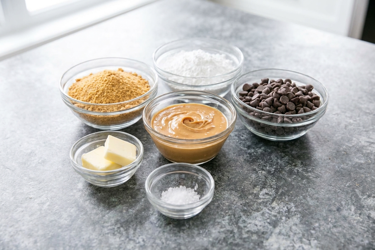 Butter, graham cracker crumbs, powdered sugar, peanut butter, chocolate chips, and a pinch of salt arranged on a light kitchen counter in small bowls