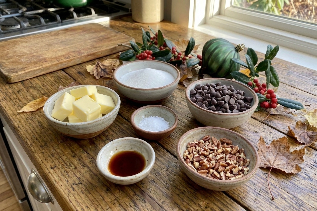 Butter, granulated sugar, salt, vanilla, chocolate chips, and chopped nuts measured out in small bowls on a kitchen counter, ready to make toffee