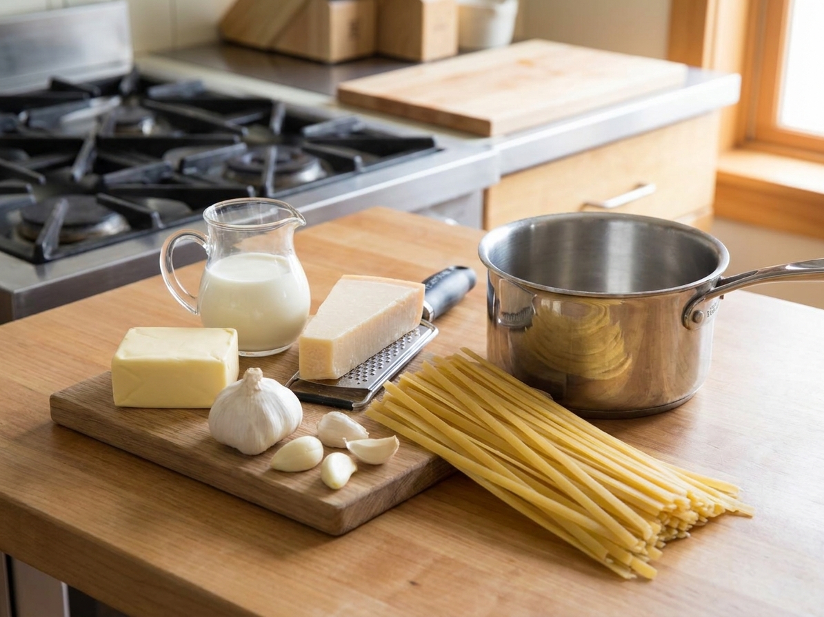 Butter, heavy cream, Parmesan, garlic, and uncooked fettuccine arranged neatly on a kitchen counter with a small saucepan and grater nearby