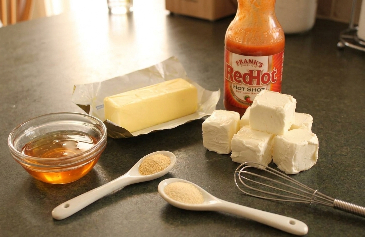 Butter, hot sauce, garlic powder, onion powder, cream cheese, and honey measured out on a kitchen counter in consistent warm kitchen lighting