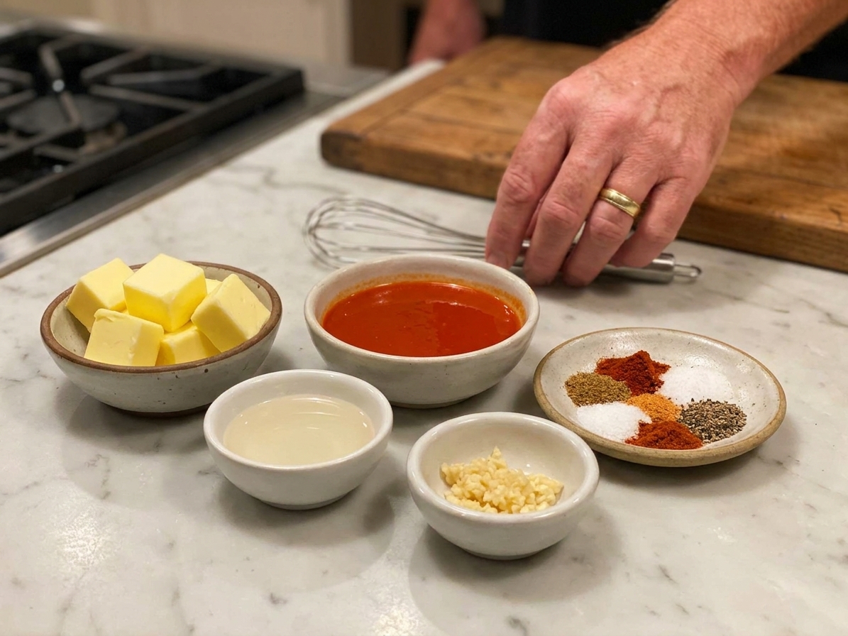 Butter, hot sauce, vinegar, garlic, and spices measured out in small bowls on a kitchen counter ready to make buffalo wing sauce