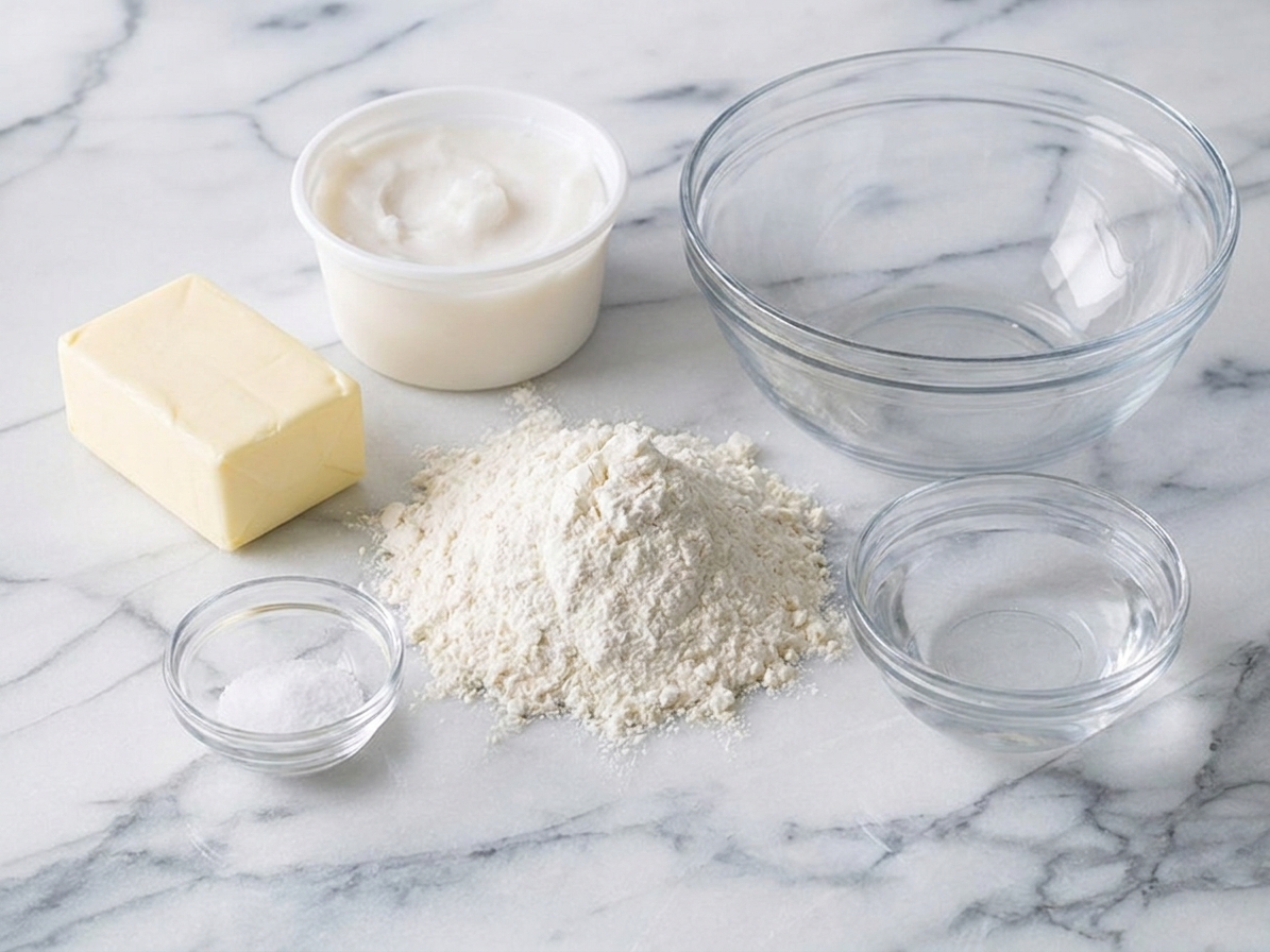 Butter, lard, flour, salt, and a small bowl of water arranged on a clean kitchen counter with a mixing bowl nearby