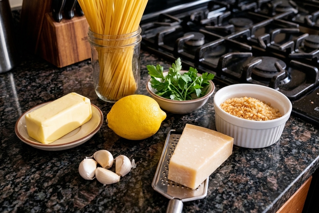 Butter, lemon, garlic, Parmesan, dried pasta, parsley, and breadcrumbs arranged on a clean kitchen counter with warm natural light